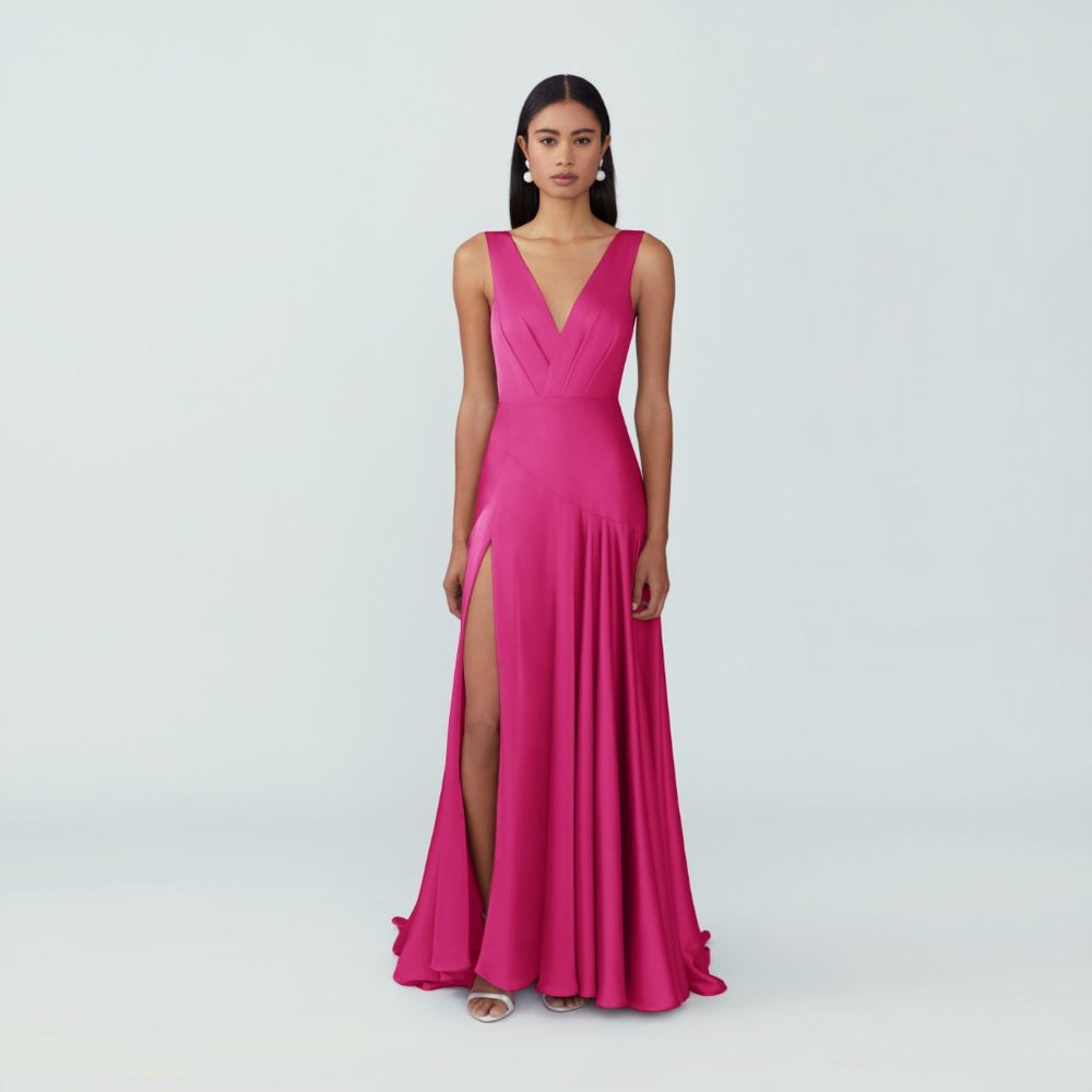 Fame and Partners Escala Matte Satin Hot Pink Dress Formal Maxi